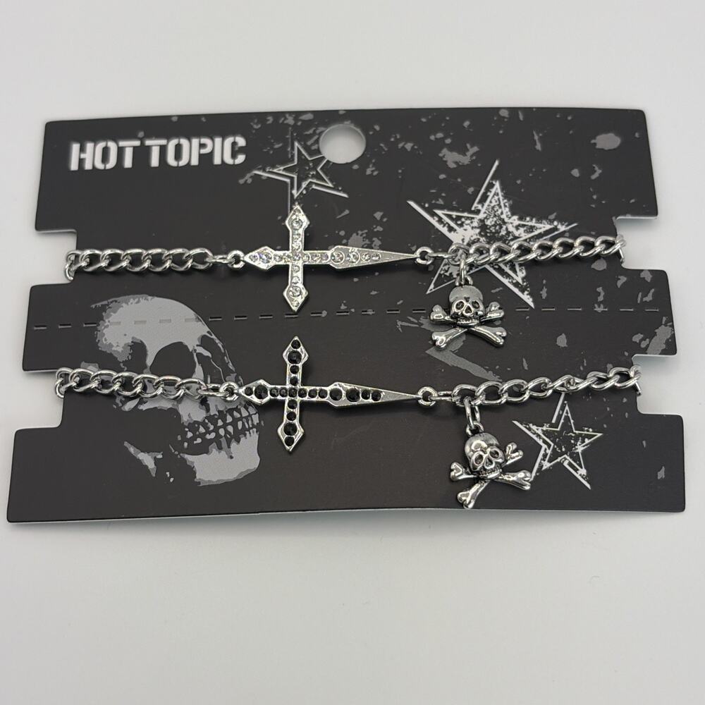 w Hot Topic Bracelet Best Friend Bestie Set Skull Crossbones Chain‎ dagger Cross
